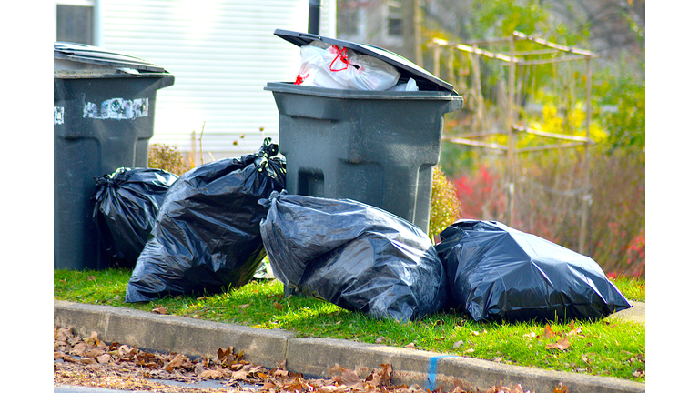 Plastic Garbage Bags and Trash Can on Curb