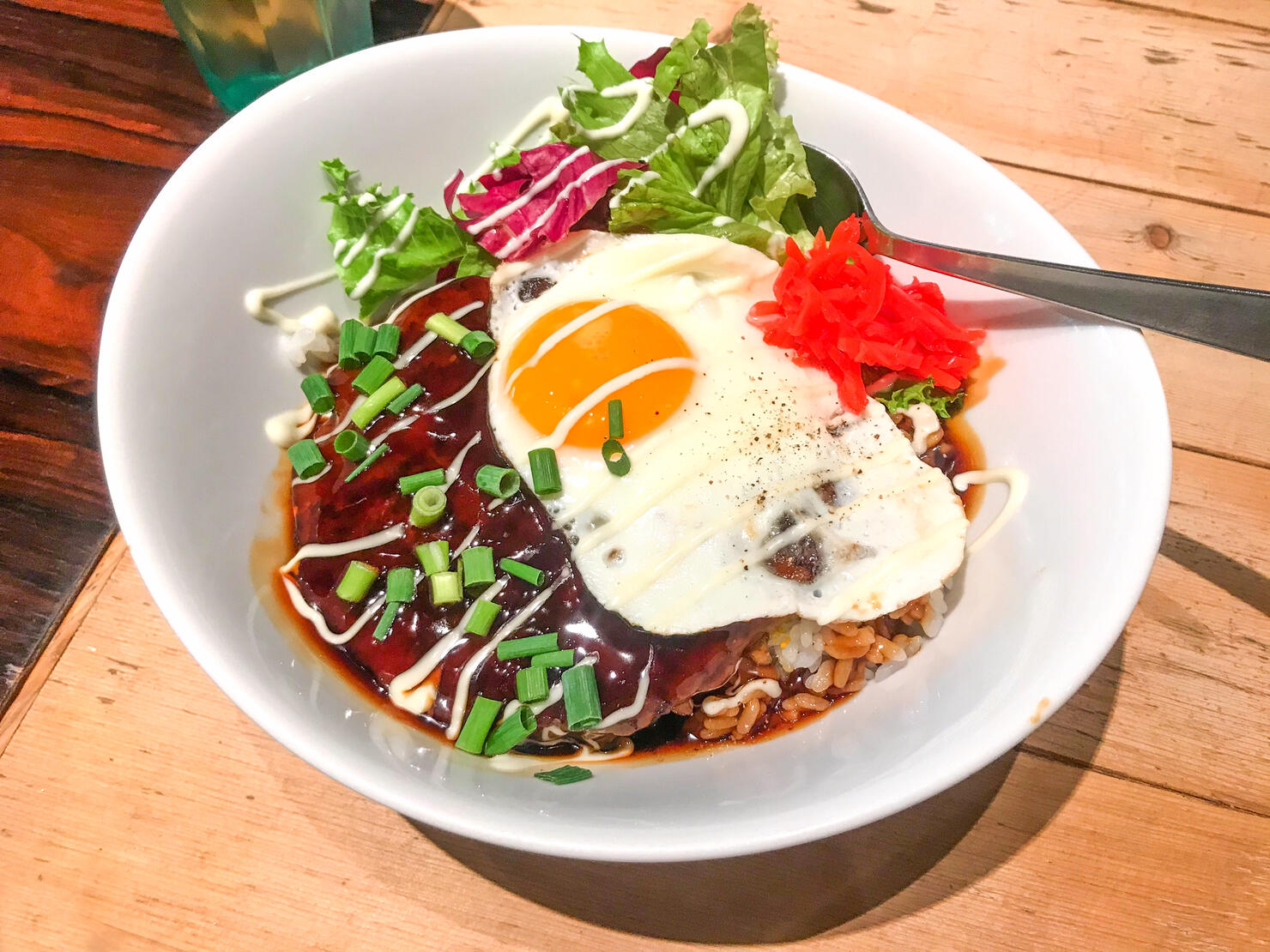 Typical teriyaki sauce hamburger loco moco served at Hawaiian restaurant in Ohsaki