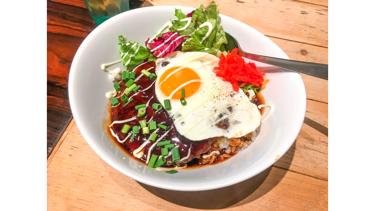 Typical teriyaki sauce hamburger loco moco served at Hawaiian restaurant in Ohsaki