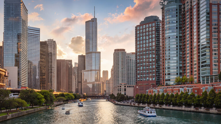 Chicago River Sunset Cityscape Water Taxi Tourboat Cruising Summer Panorama