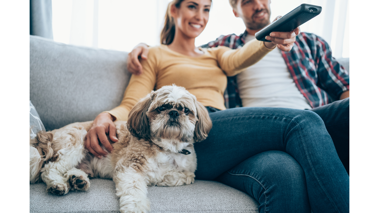 Cute young couple cuddling while watching tv.