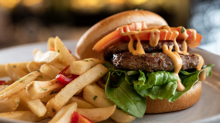 Beef Burger with Nacho Sauce, French Fries