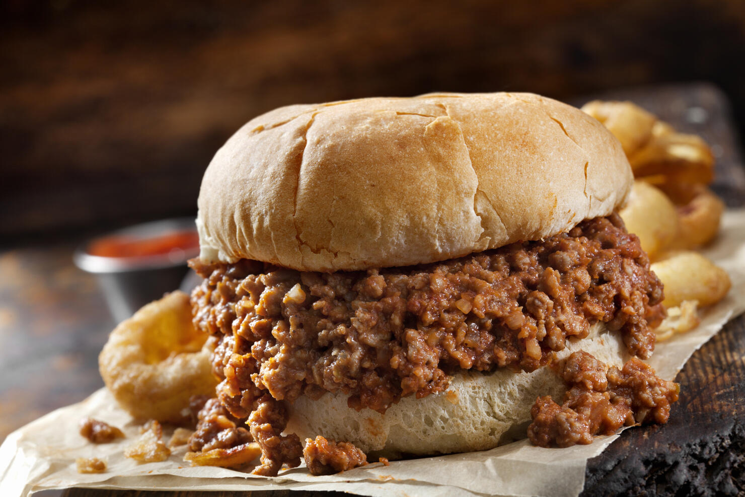 Sloppy Joe Sandwich with Onion Rings