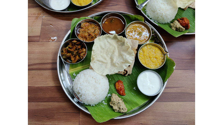 Traditional south Indian meal served in Banana leaf