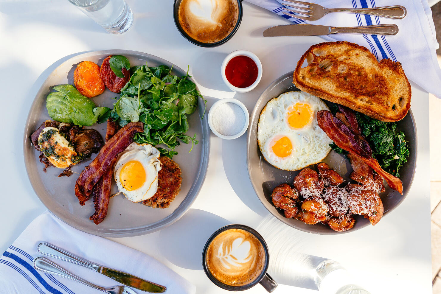Breakfast for two persons served in a restaurant, directly above view