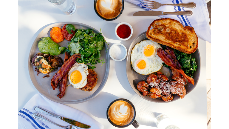 Breakfast for two persons served in a restaurant, directly above view