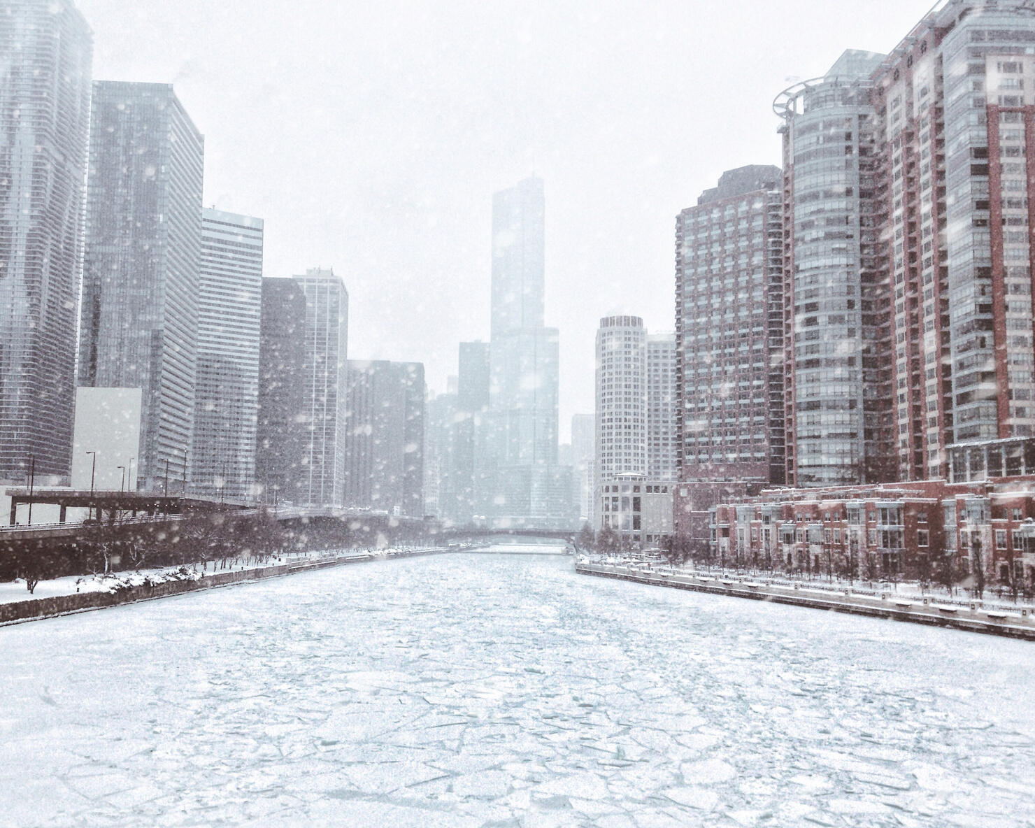 Modern Buildings In City During Snowfall