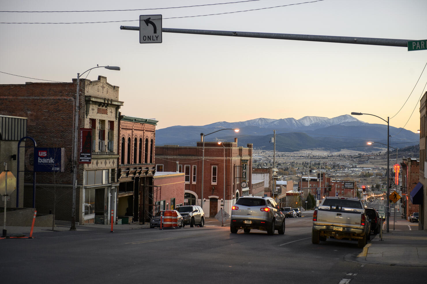 Only left turn sign at downtown street of Butte, Montana, USA