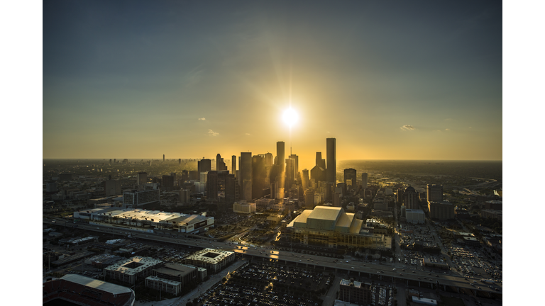 Aerial view of Houston at sunset