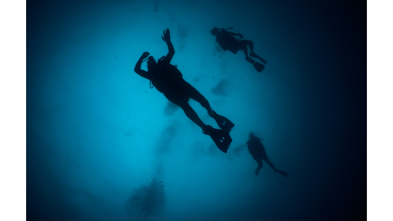 silhouette of three unrecognizable divers in the depths of the sea