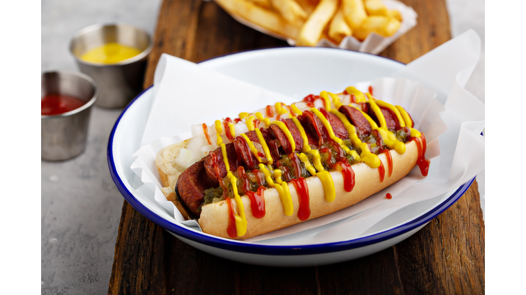 Grilled bacon wrapped hot dog