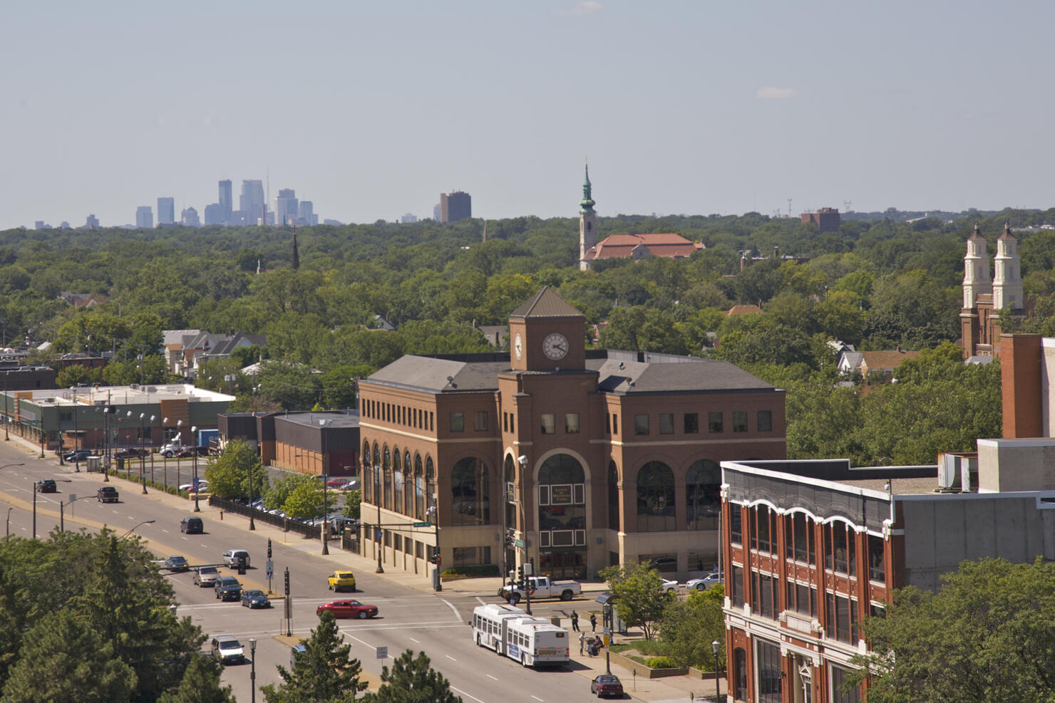 View of St. Paul with skyscrapers of Minneapolis in distance, from top of dome at State Capitol, St. Paul, Minnesota, Midwest, USA