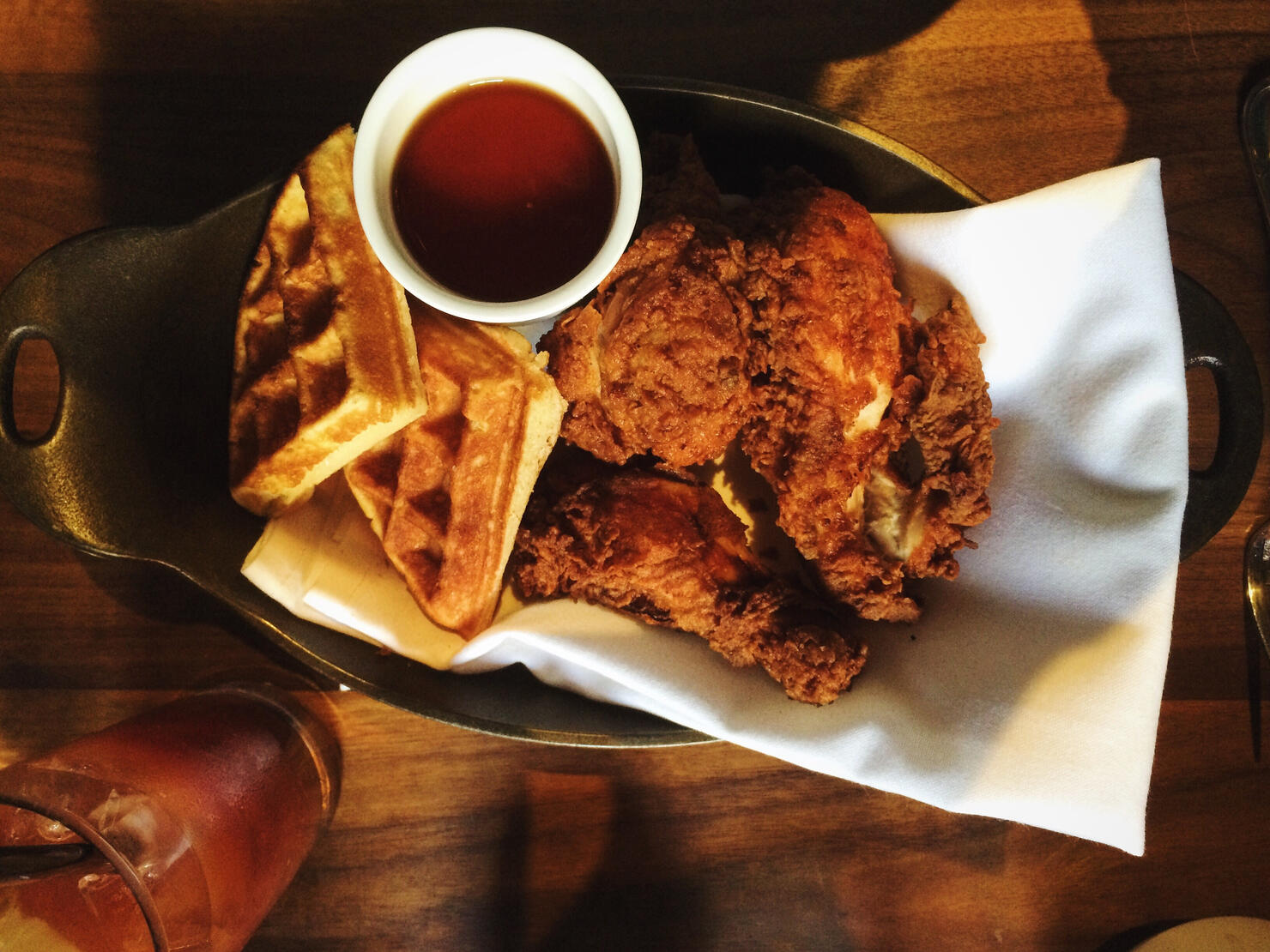 Directly Above Shot Of Waffles With Fried Chicken And Coffee In Plate