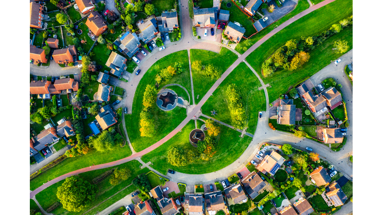 Aerial view suburban neighborhood with identical wealthy, Milton Keynes, Furzton
