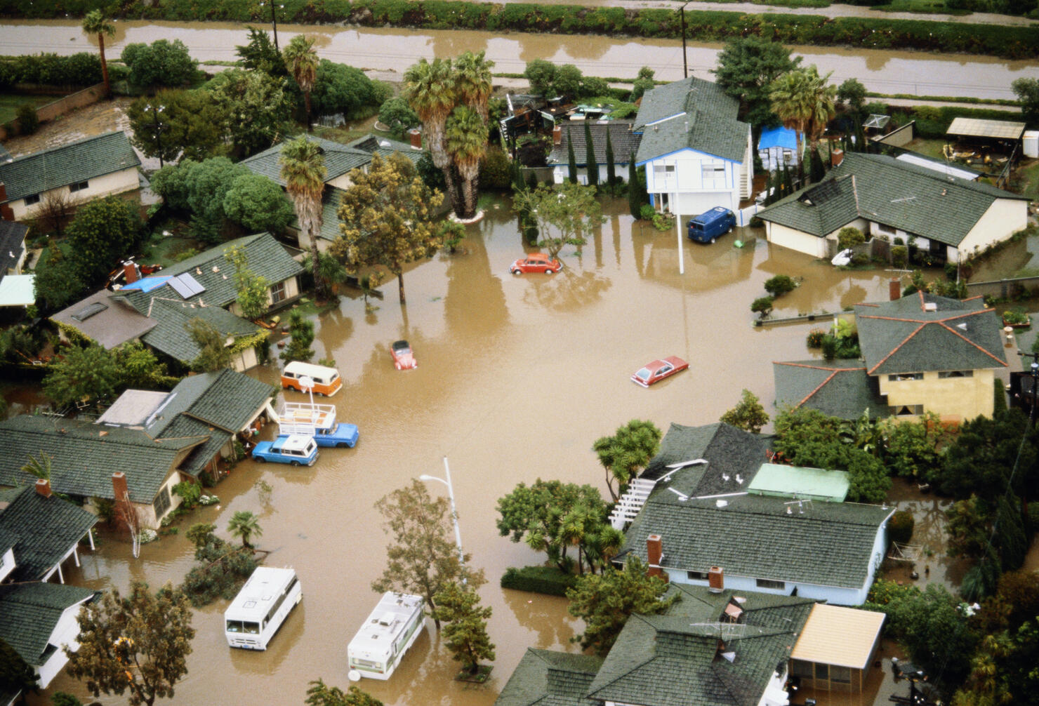 USA, California, Huntington Beach, flooding in residential area