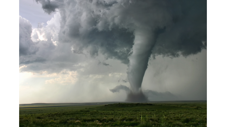 This tornado demonstrates "Barber Poling": the rotational bands twisting around the tornado itself, Campo, Colorado, USA