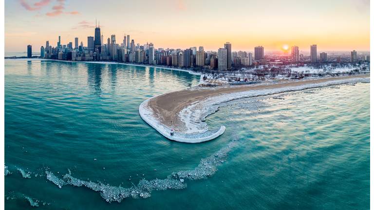 Aerial view of North Avenue Beach and Lake Michigan at Sunset, Chicago, Illinois, USA