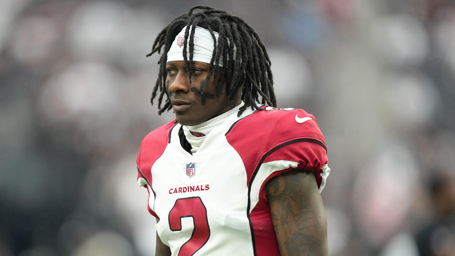 Marquise Brown of the Arizona Cardinals looks on prior to an NFL News  Photo - Getty Images