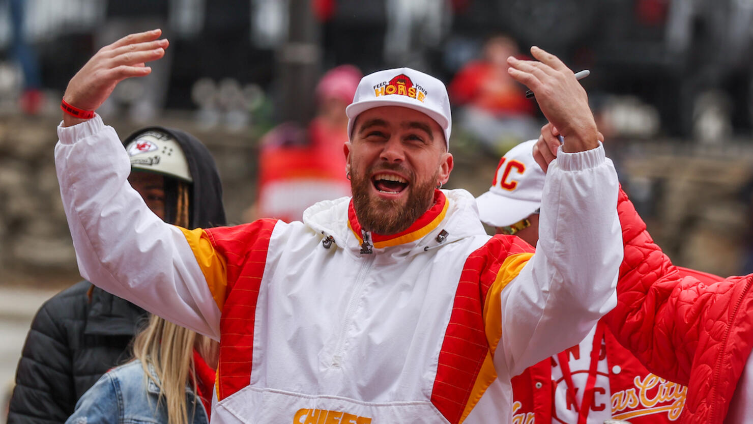 Travis Kelce at the Chiefs parade at the Chiefs Parade