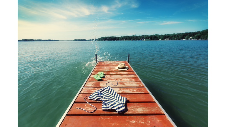 Skinny Dipping Swim Off Lake Dock Pier in Summer, USA