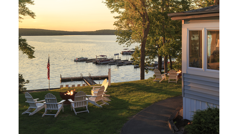 Fire pits at sunset at lake resort