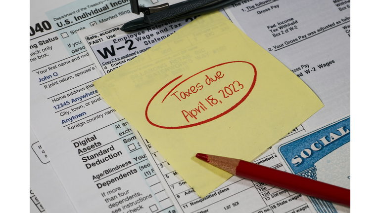 Lake Elsinore, CA, US - January 11, 2023: Close up of Fake Tax documents with due date reminder, glasses and pencil.