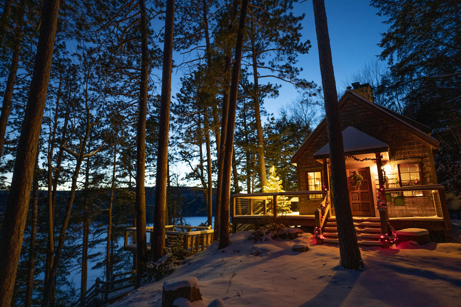 Christmas Tree on the Deck of a Rustic Rural home