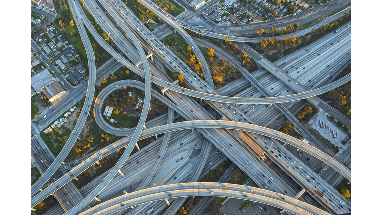Aerial view of highway interchange in cityscape