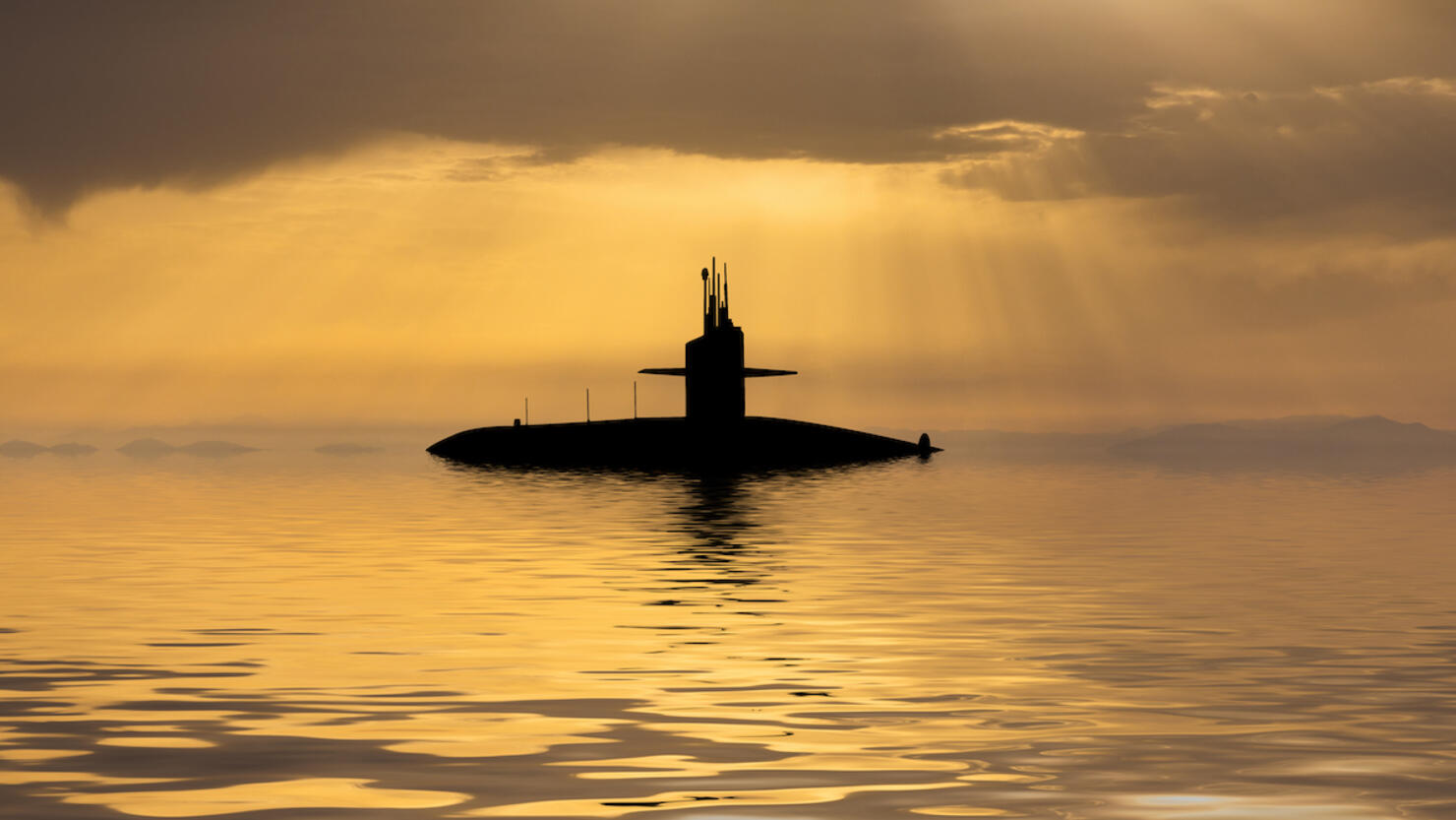 Nuclear submarine at sea at sunset. Submarine fleet