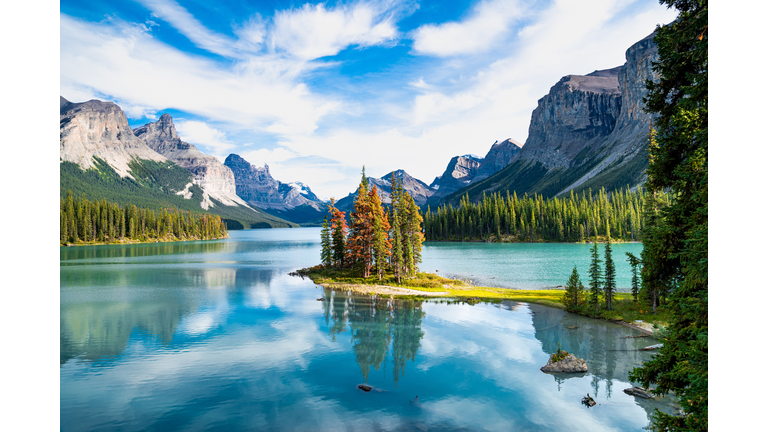 Scenic summer view at Spirit Island, Maligne Lake, Jasper National Park, Alberta, Canada