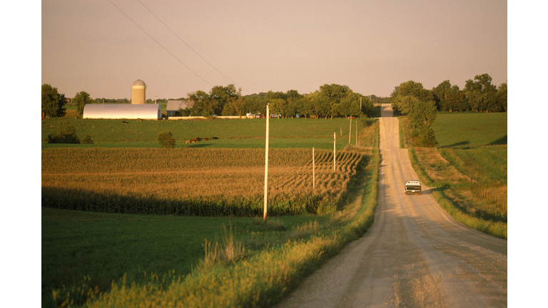 USA, northern Minnesota, truck on gravel road, rear view