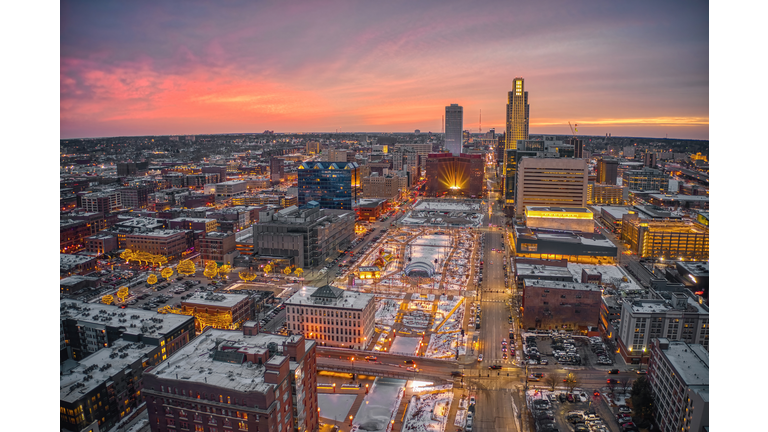 Aerial View of a Winter Sunset in Omaha, Nebraska with Holiday Lights