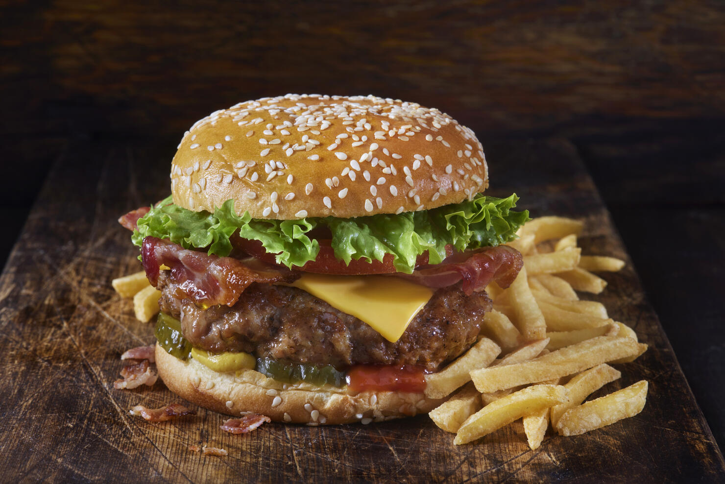 Juicy Ground PORK and Bacon Cheeseburger with Fries
