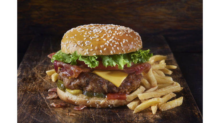 Juicy Ground PORK and Bacon Cheeseburger with Fries