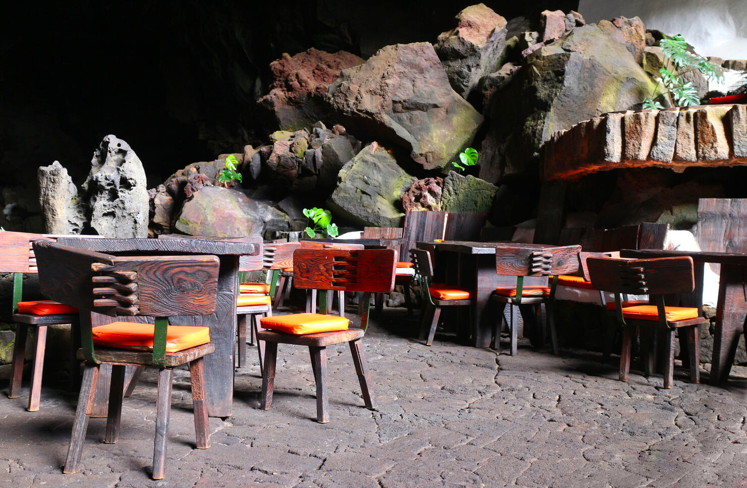 Restaurant in volcano cave, Lanzarote, Canary Island, Spain.
