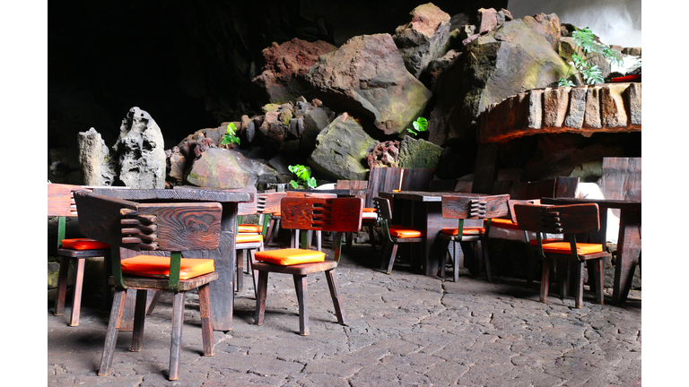 Restaurant in volcano cave, Lanzarote, Canary Island, Spain.
