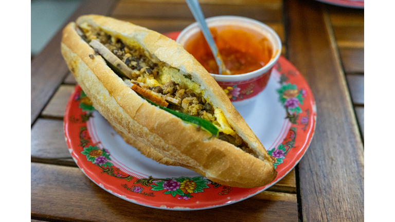 Close up shot of Hoi An bread (Vietnamese: Bánh Mì Hội An)