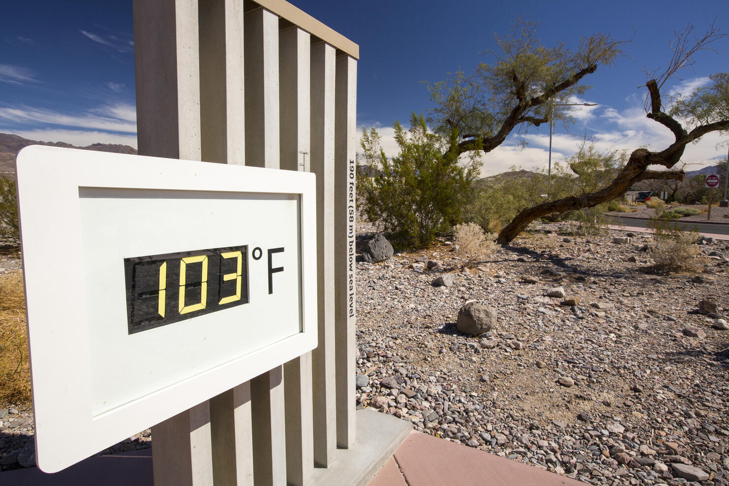 A thermometer at the Furnace Creek Visitor Centre in Death Valley.