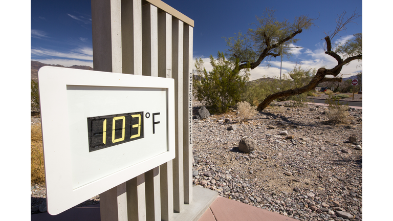 A thermometer at the Furnace Creek Visitor Centre in Death Valley.