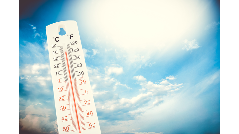 Tropical temperature, measured on an outdoor thermometer, global heat wave, environment concept.