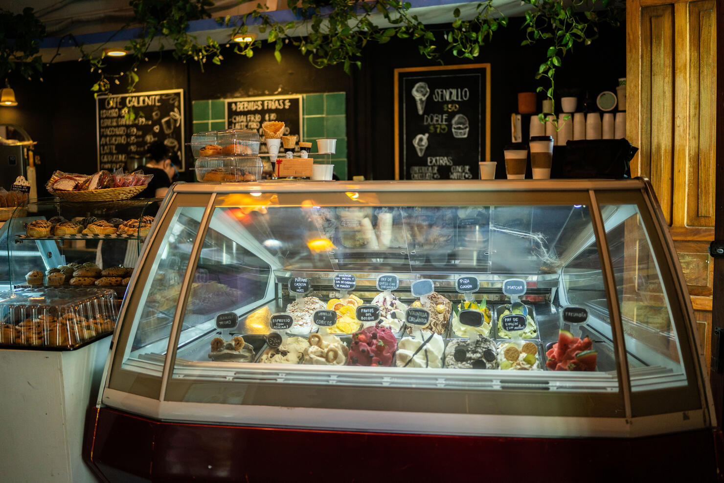 Ice cream flavors on display on an ice cream shop
