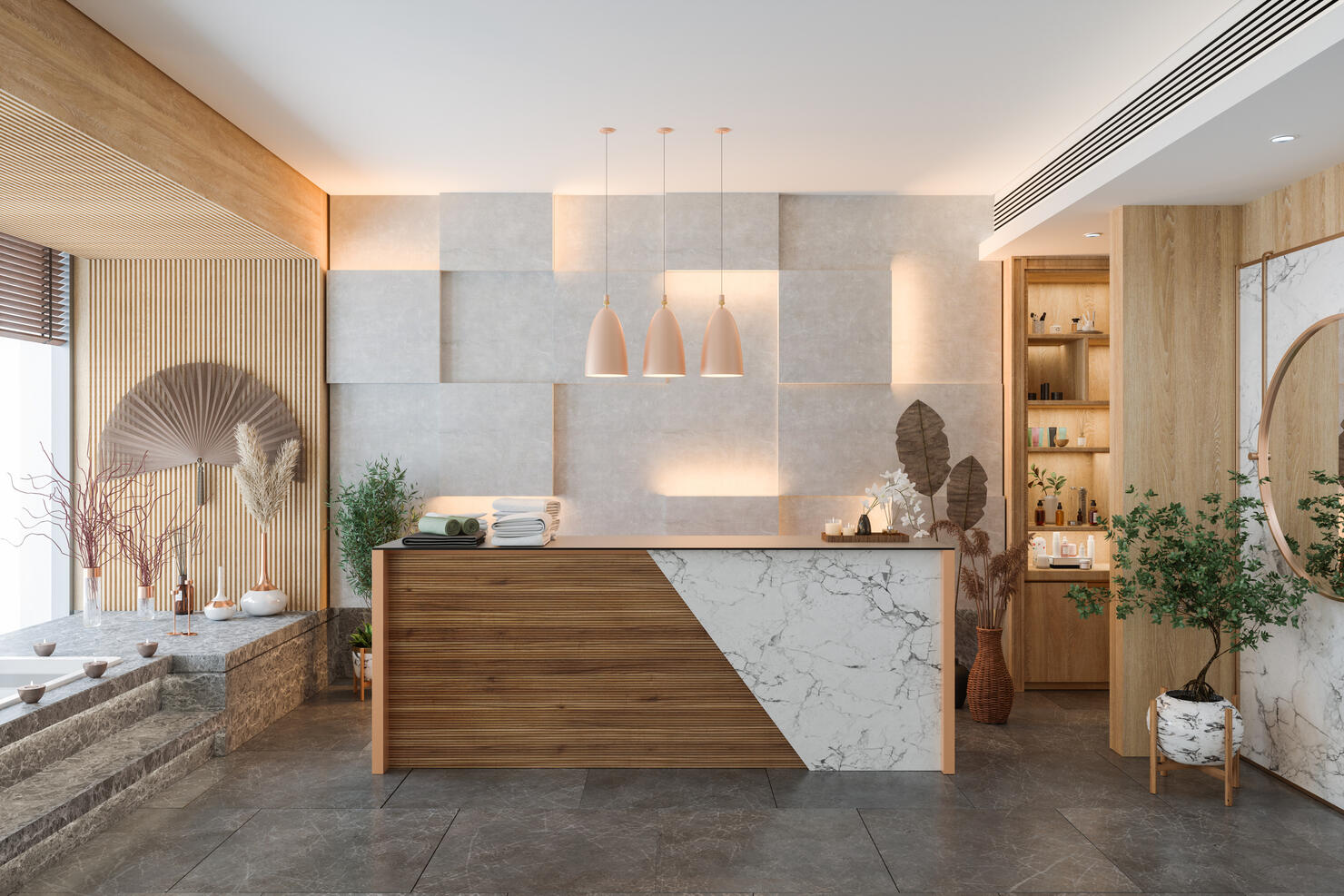Reception Area Of Modern Spa With Reception Desk, Potted Plants, Decorative Objects And Marble Floor