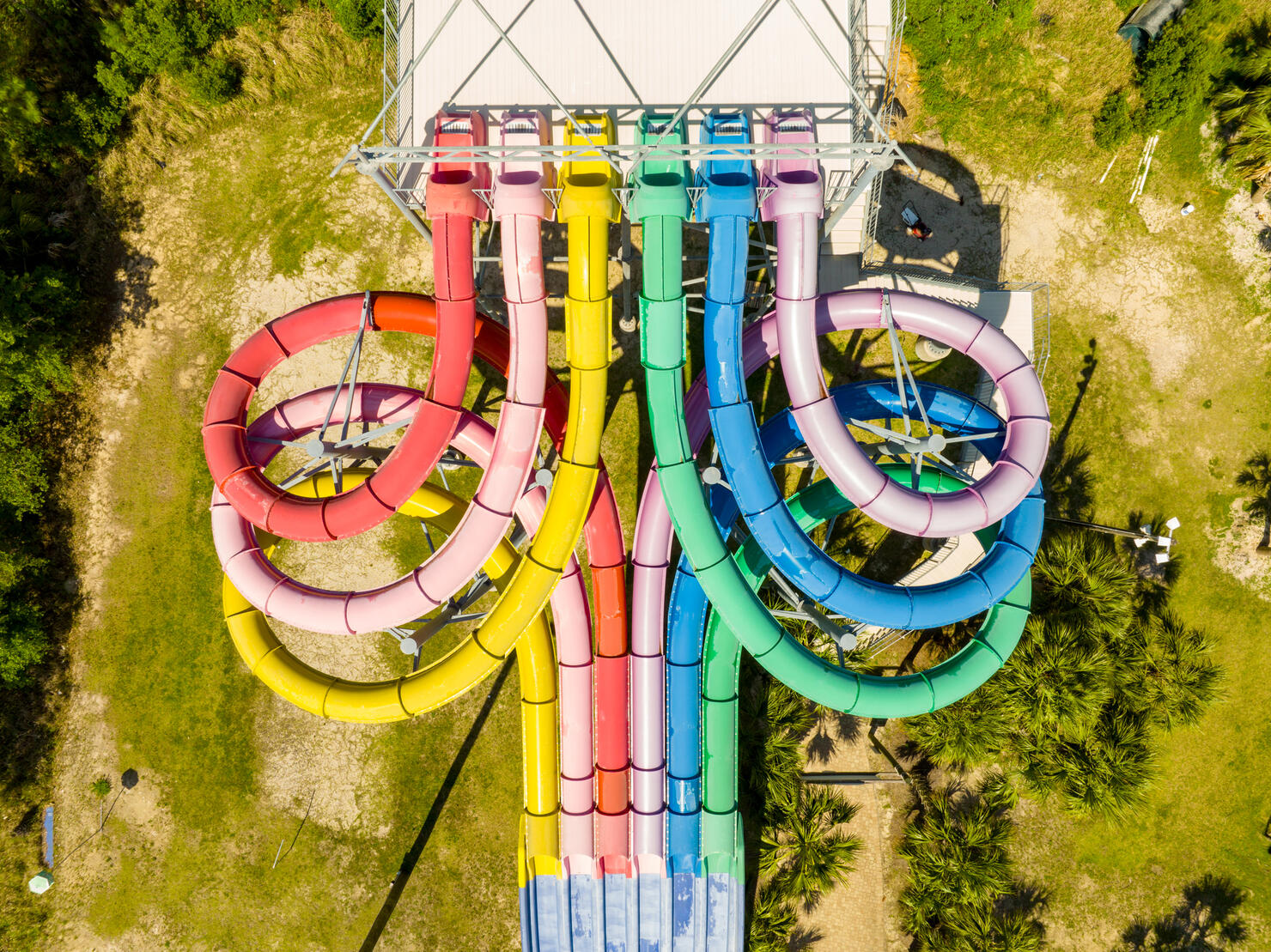 Aerial drone photo water park, slide tubes