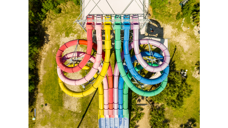 Aerial drone photo water park, slide tubes