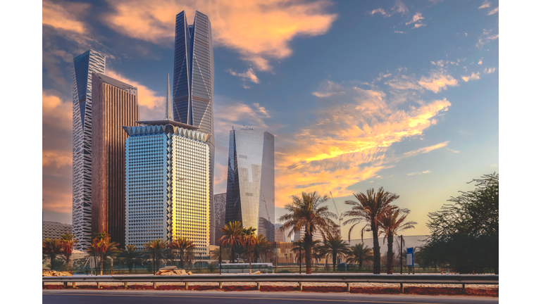 Riyadh roads and streets are filled with ornamental trees on both sides of the road, downtown, Riyadh skyline, King Abdullah Financial District, Saudi Arabia