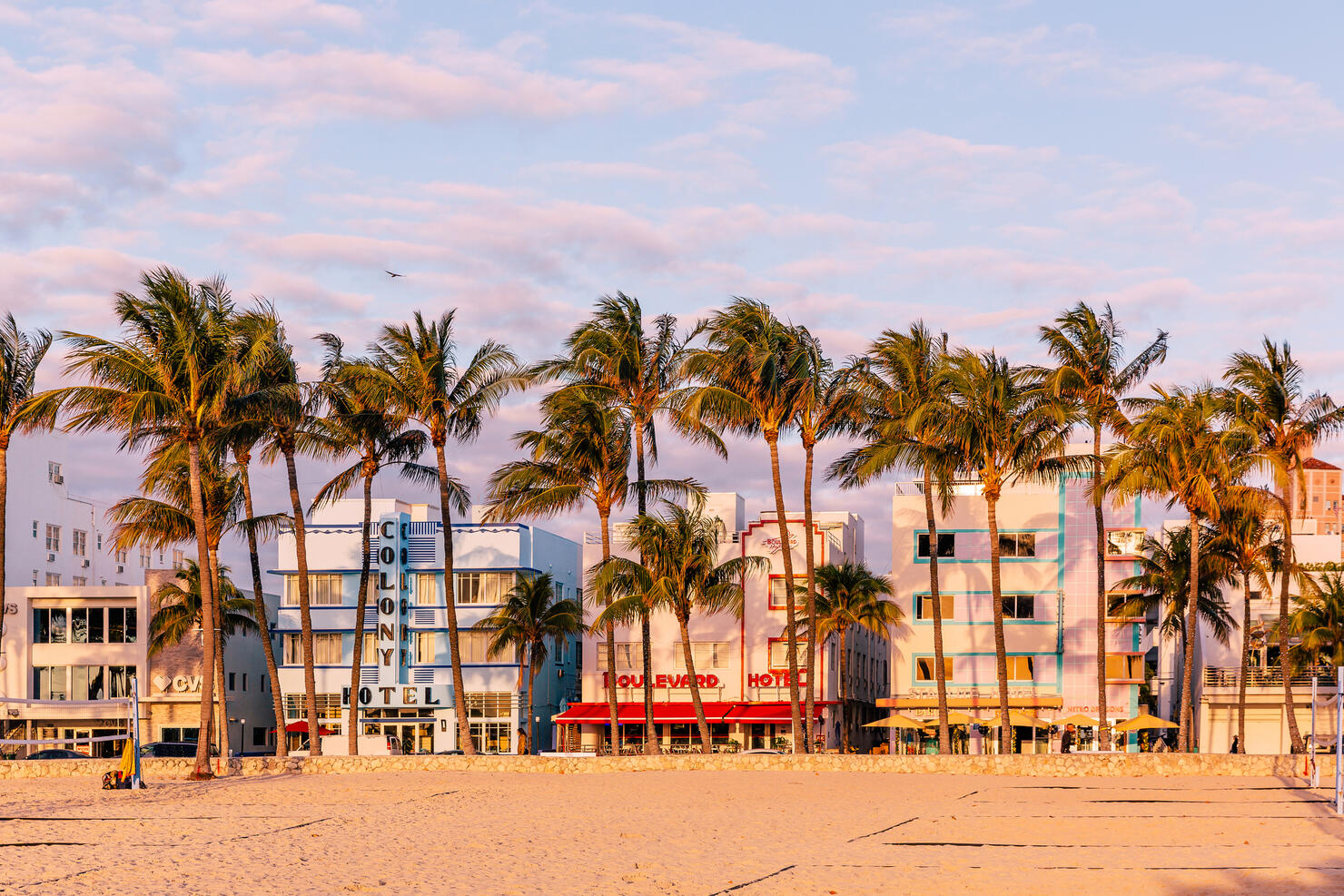 Art Deco hotels along the Ocean Drive in the morning, South Beach, Miami, USA