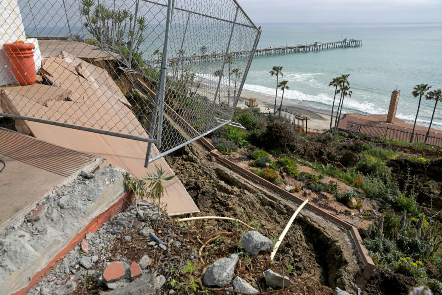 Rail service remained unavailable in southern Orange County today thanks to a landslide that damaged the historic Casa Romantica Cultural Center in San Clemente and sent dirt and debris cascading down a hillside toward coastal railroad tracks.