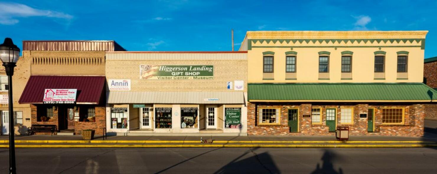 Downtown storefronts of historic New Madrid, Higgersons Landing, Missouri on Mississippi River