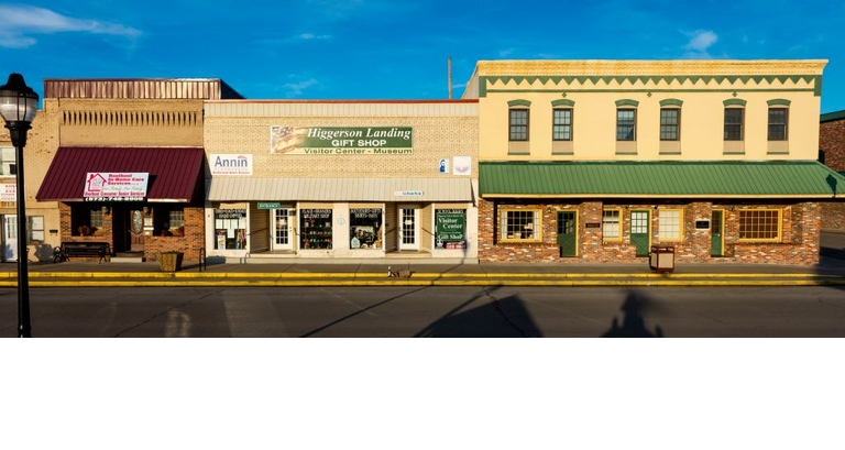 Downtown storefronts of historic New Madrid, Higgersons Landing, Missouri on Mississippi River