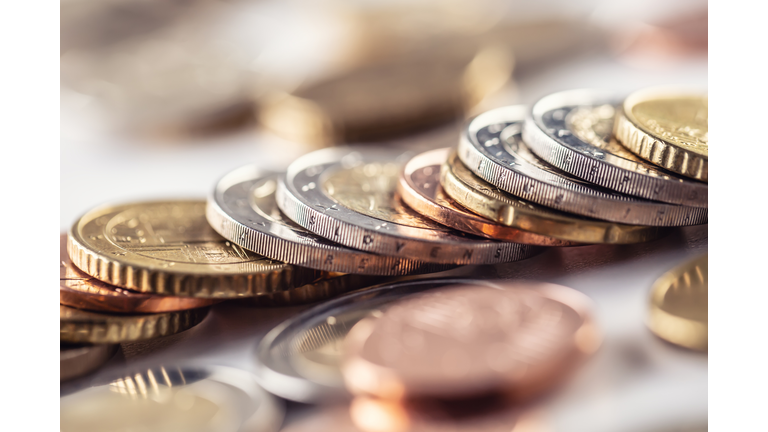 Euro coins stacked in different positions. Currency of the European Union.